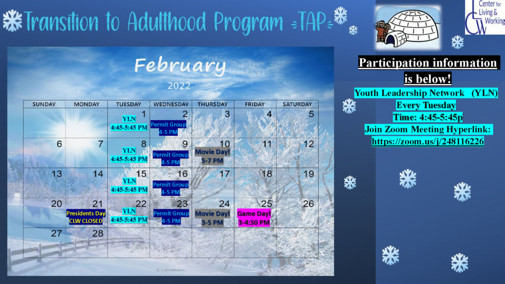 Transition to Adulthood February Calendar Flyer