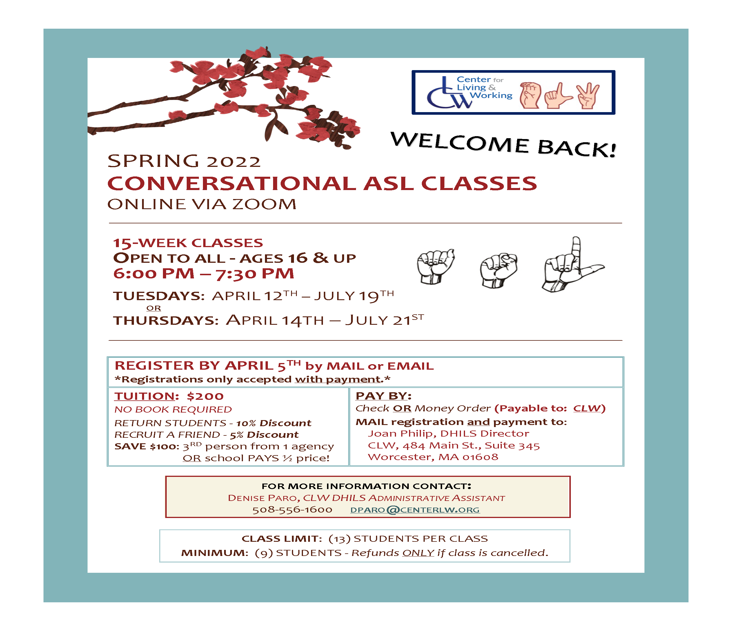 Conversational ASL Class Flyer for Spring 2022 Classes at CLW