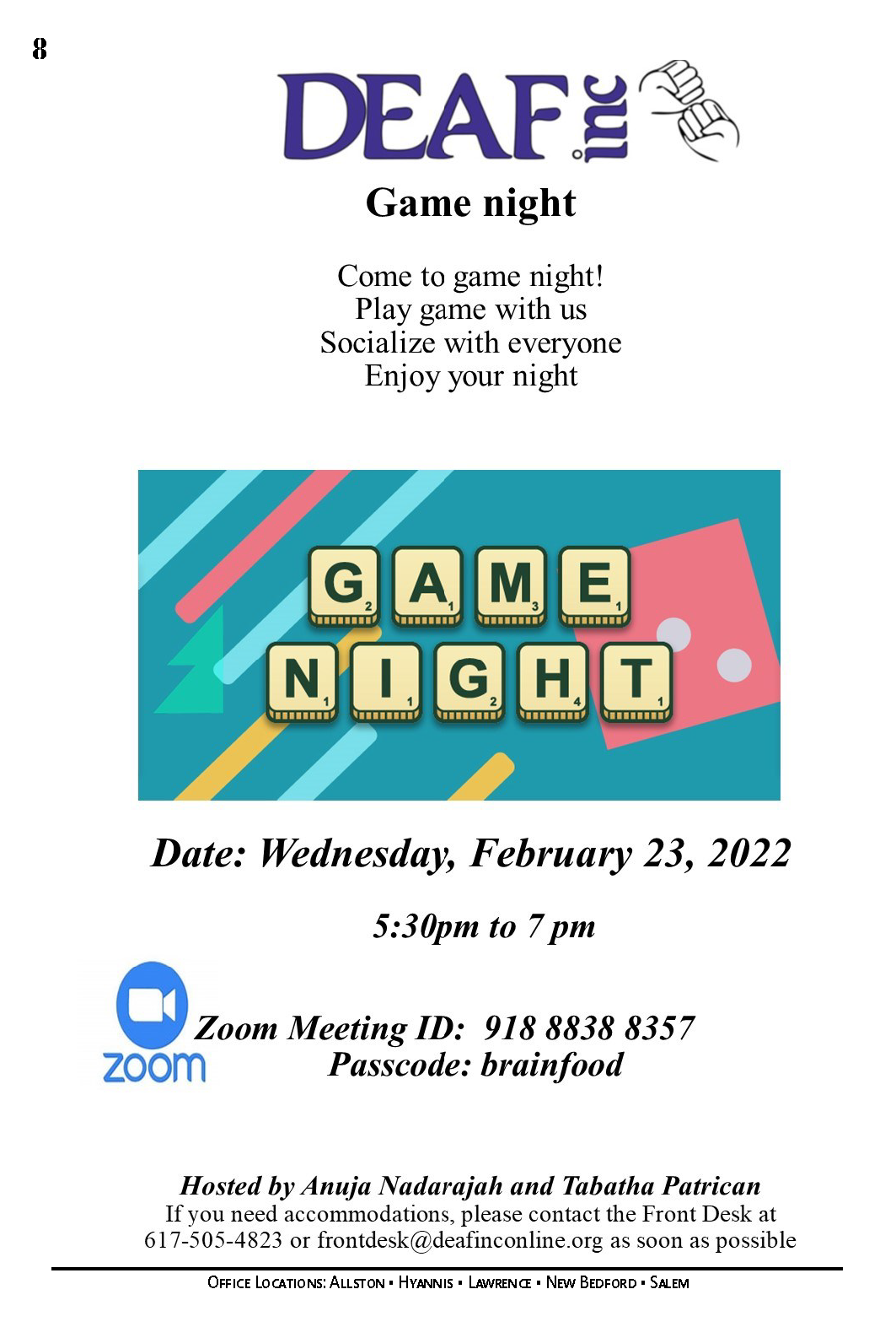 Deaf Inc. Game Night Flyer 2/23/2022