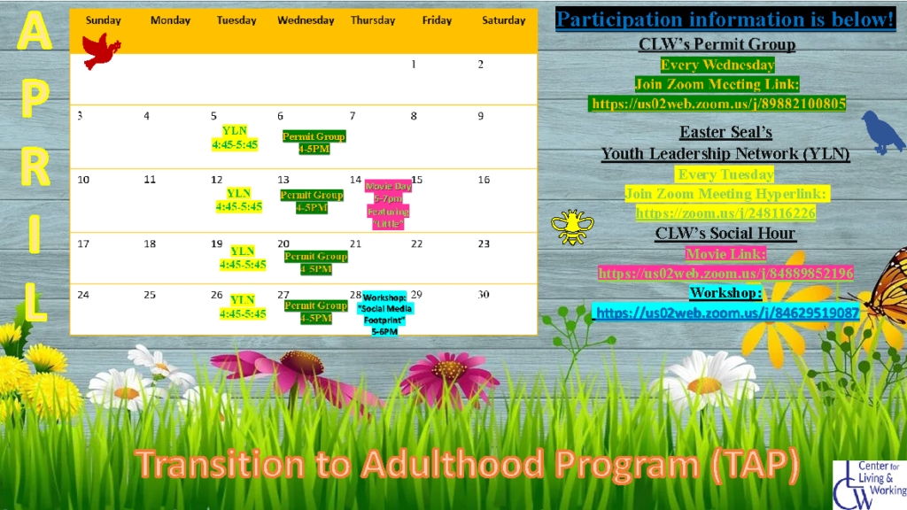 TAP April Calendar. Spring background with green grass, pink, yellow and white flowers. Text includes information about the TAP workshops during the month of April