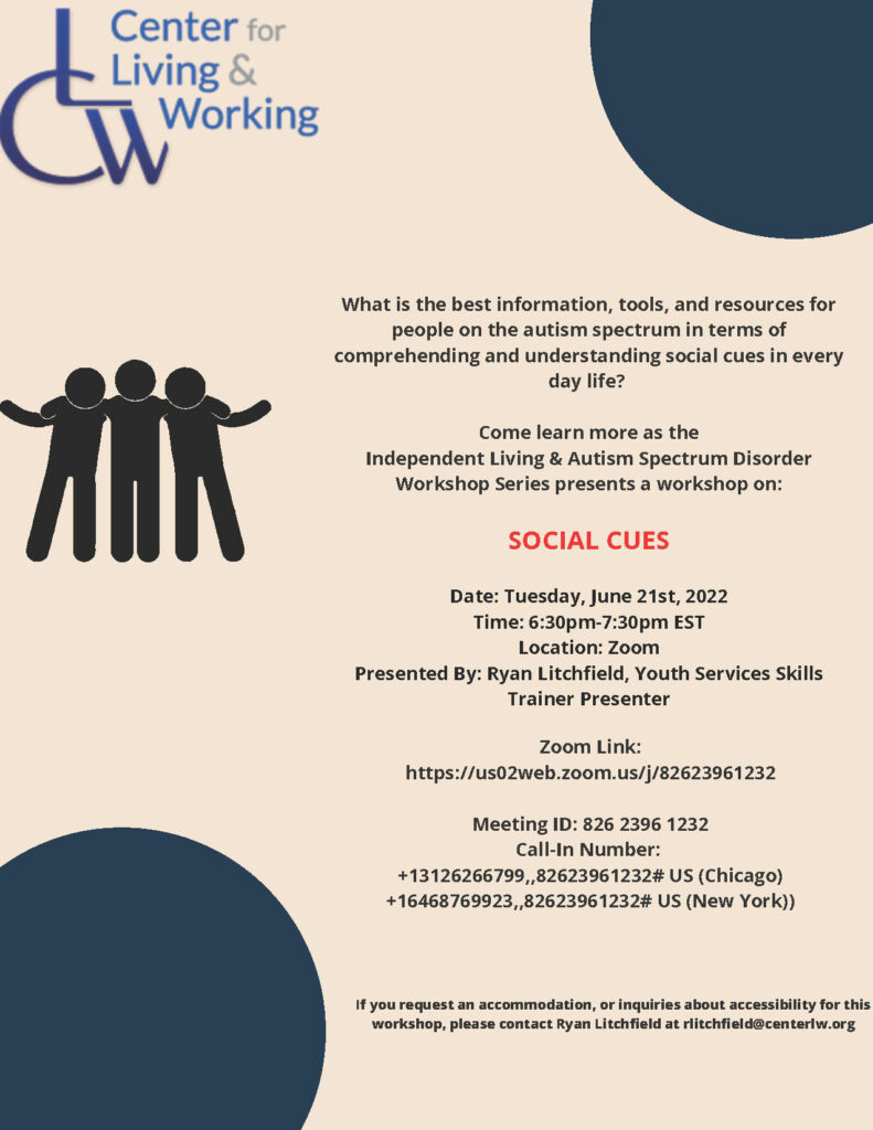 Social Cues Workshop Flyer for the CLW Spring Workshop Series.