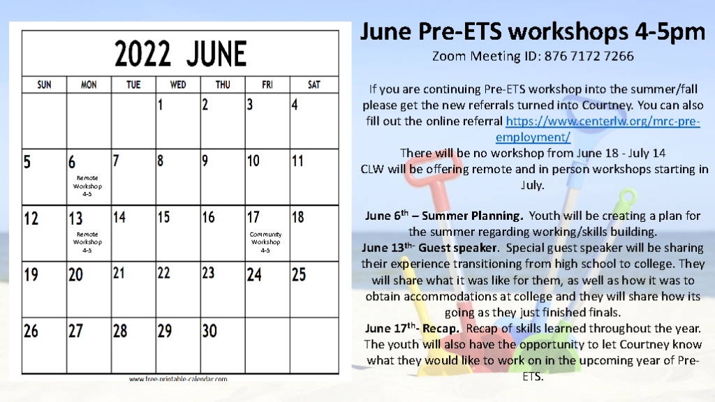 Pre-ETS June Calendar with descriptive workshops and the dates that they are on.
