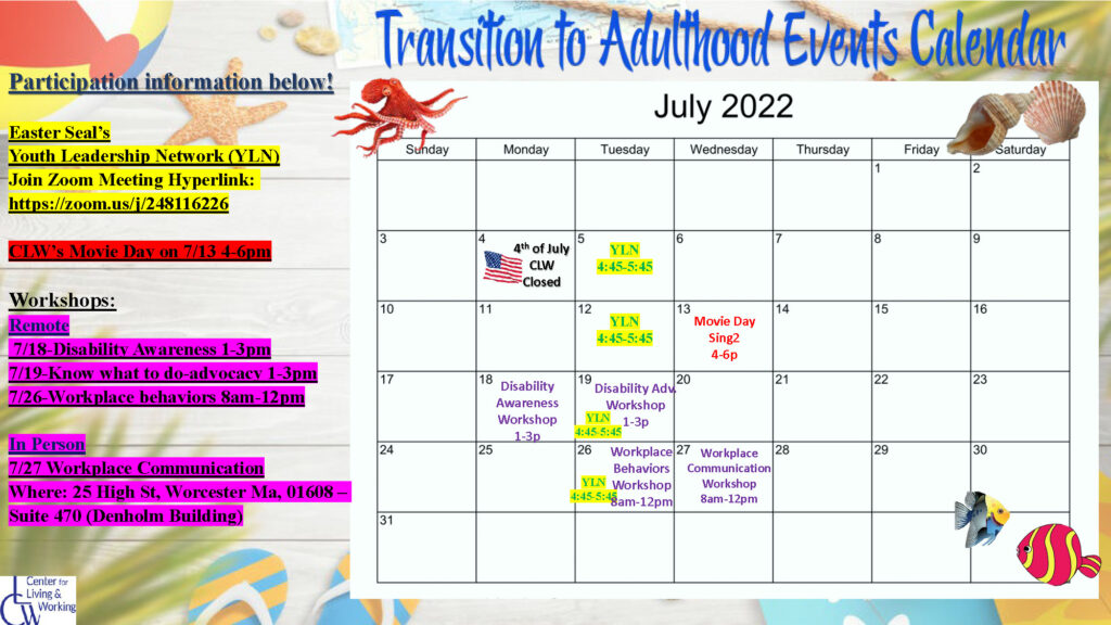TAP July Calendar. This picture contains a Calendar with the dates and times of each event along with a detailed description of each workshop.