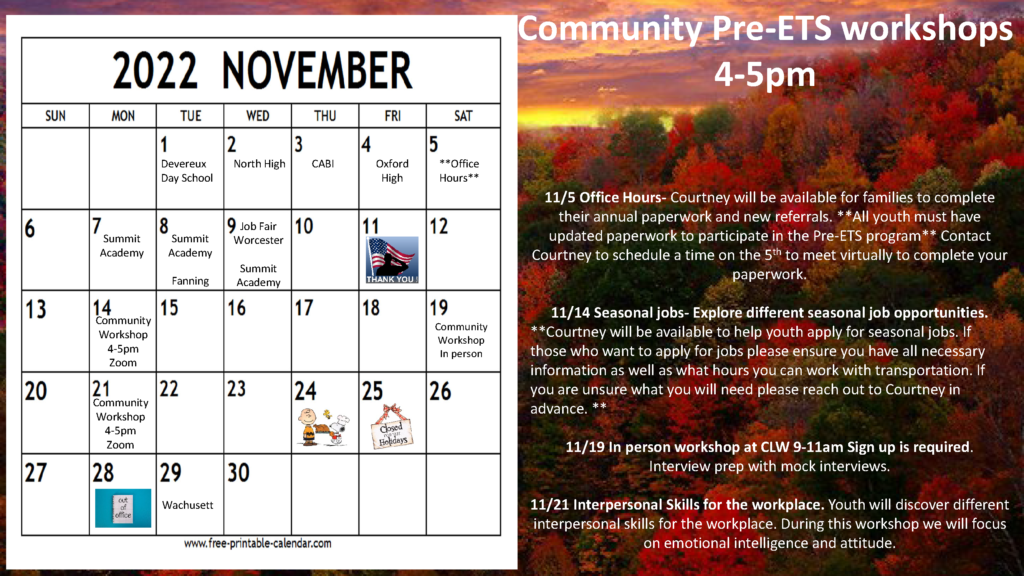 November Pre-ETS Calendar and Pre-ETS Community Workshop Information