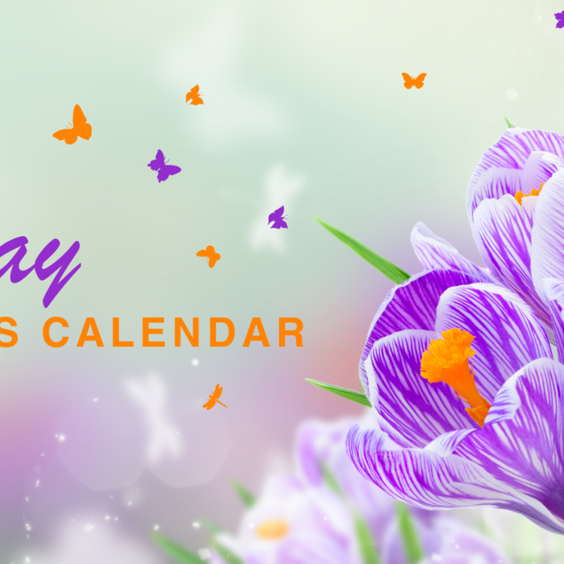 May 2025 Pre-ETS Calenda Cover Photo. Purple flowers with Purple and Orange butterflys
