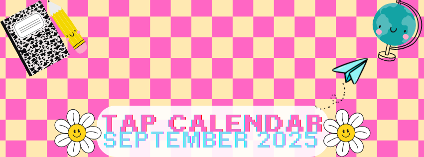 TAP September 2025 Calendar featured photo with a pink and orange background, notebook, pencil, paper airplane and a globe.