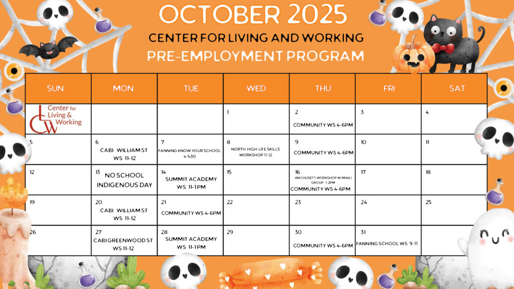 Pre-ETS October 2025 Calendar. Orange background with spider webs, skulls, pumpkins and cats with a Calendar providing the workshops in the Pre-ETS October 2025 Calendar